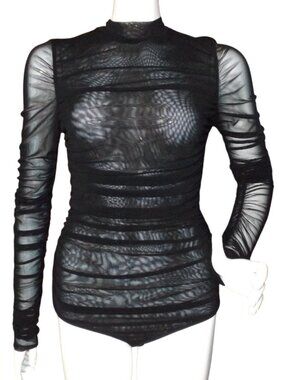 MARCIANO Bodysuit, M, Black, Ruched, Long sleeves, Thong/2 snaps, Rippled